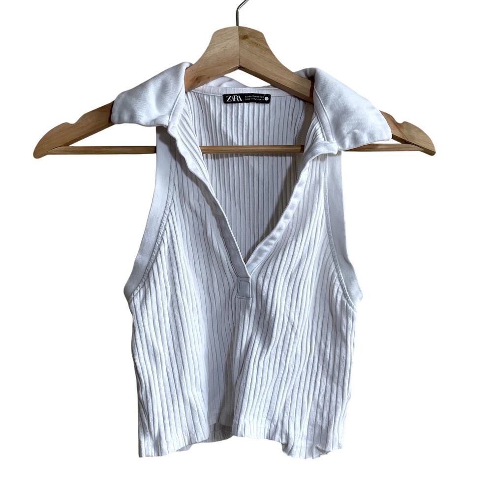 Zara collared sleeveless cropped summer tennis top white ribbed women's M FLAW